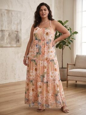 Elena Baldi Floral Tiered Maxi Dress - Peach Floral